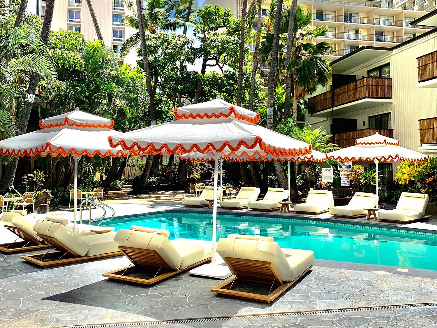 A sunny, beach side resort pool.