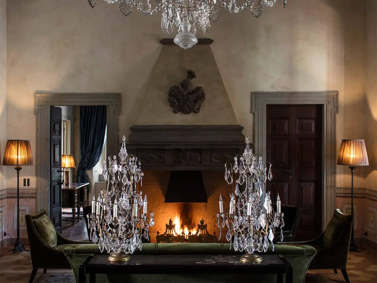 Interior chandelier and furniture of Villa Balbiano, the House of Gucci