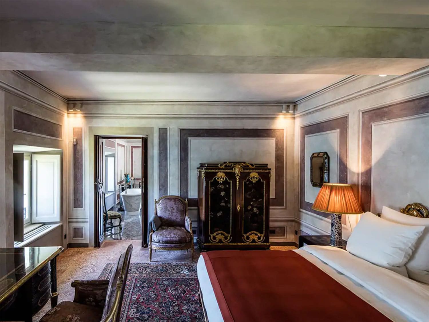 An interior bedroom of Villa Balbiano, the House of Gucci