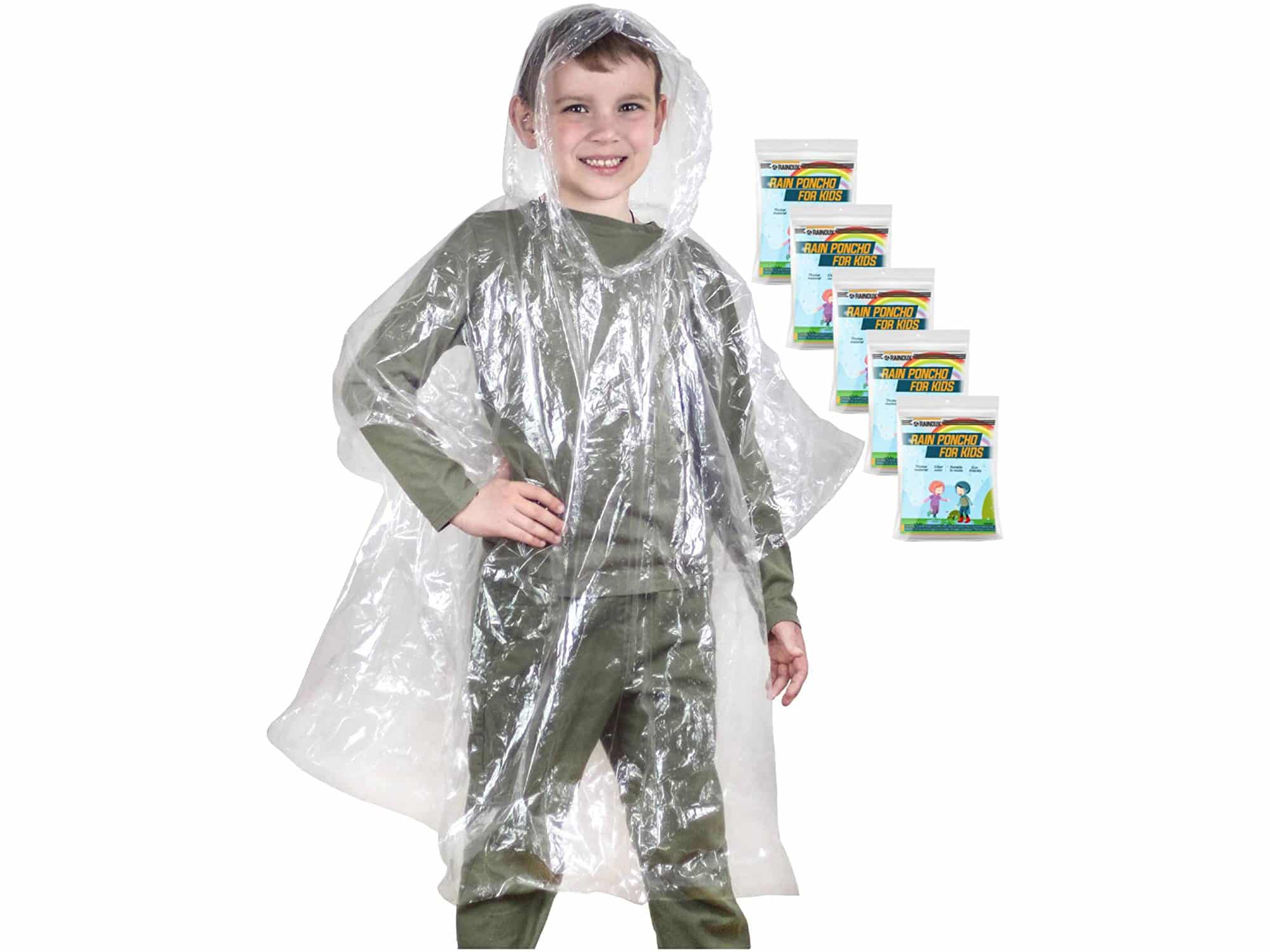 Disposable Rain Ponchos for Adults / Kids - 5 Pack Emergency Ponchos with Hood