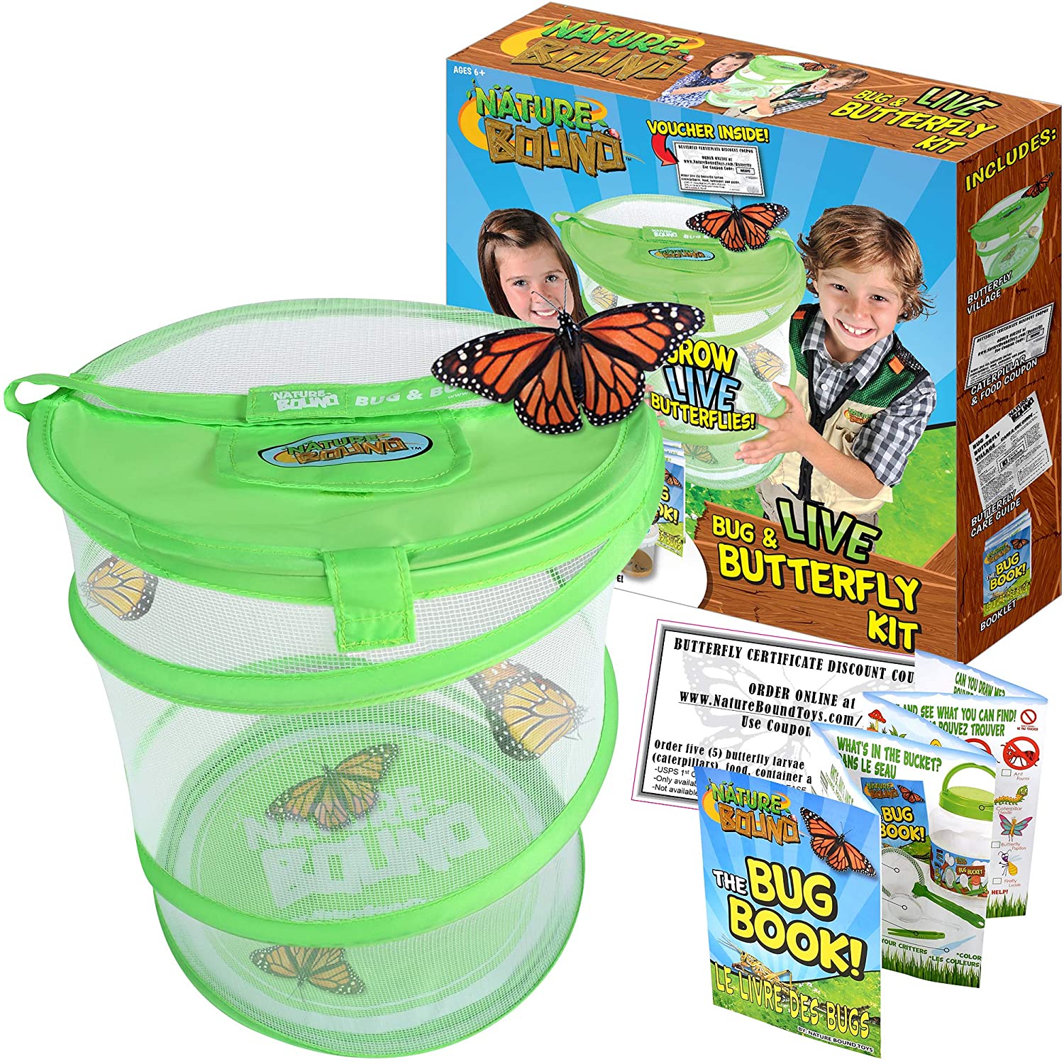 Nature Bound Butterfly Growing Habitat Kit - With Discount Voucher to Redeem Live Caterpillars for Home or School Use - Green Pop-Up Cage 12-Inches Tall - for Boys and Girls Ages 5+