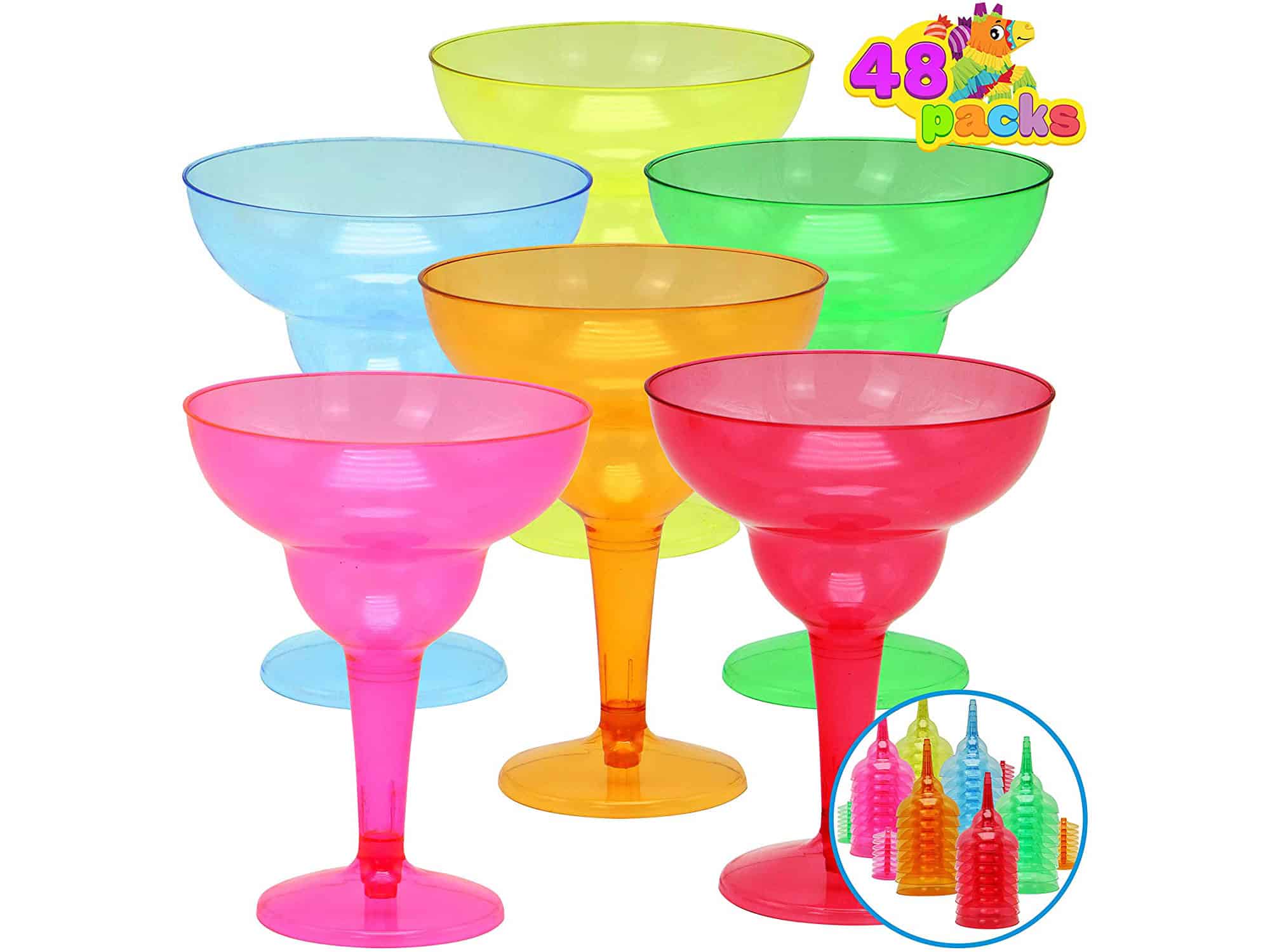 48 Packs Plastic Margarita Glasses Cups 12 oz Disposable Colorful Cinco De Mayo Fiesta Party Decoration for Fun Taco Party Supplies, Neon Cocktail Cups, Mexican Theme for Carnivals, Día De Muertos