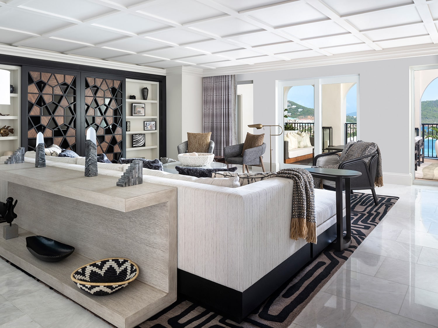The interior living space of the Presidential Suite at the Ritz-Carlton, St. Thomas, in the U.S. Virgin Islands.