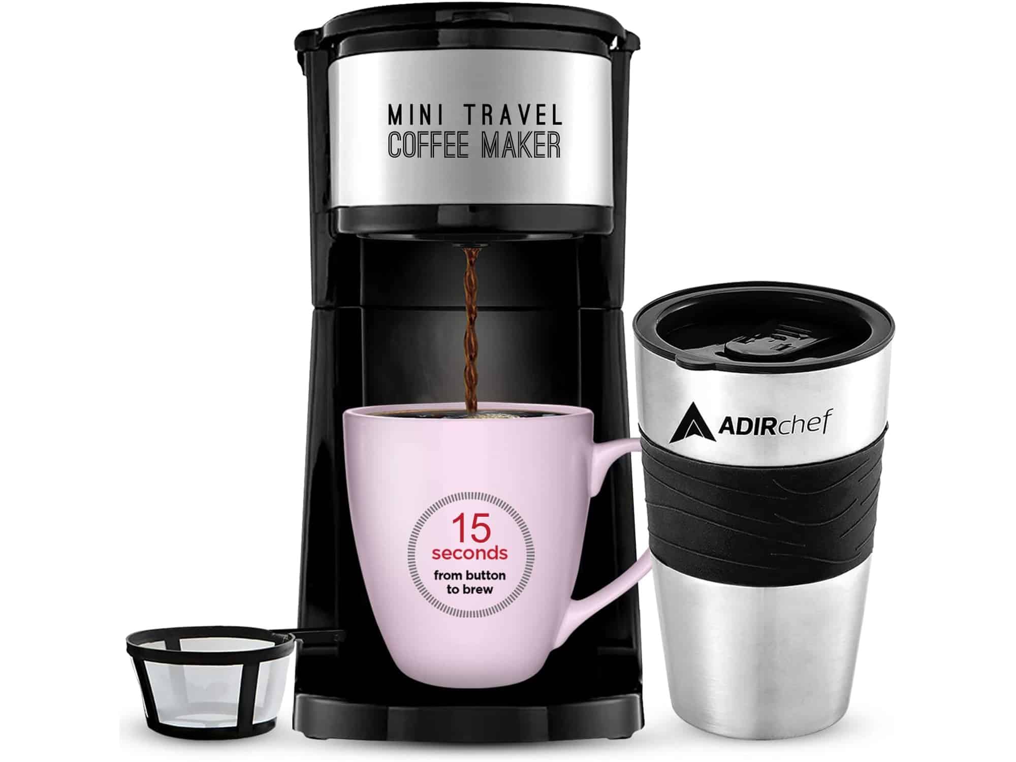 ADIRchef Single Serve Mini Travel Coffee Maker & 15 oz. Travel Mug Coffee Tumbler & Reusable Filter For Home, Office, Camping, Portable Small and Compact (Black)