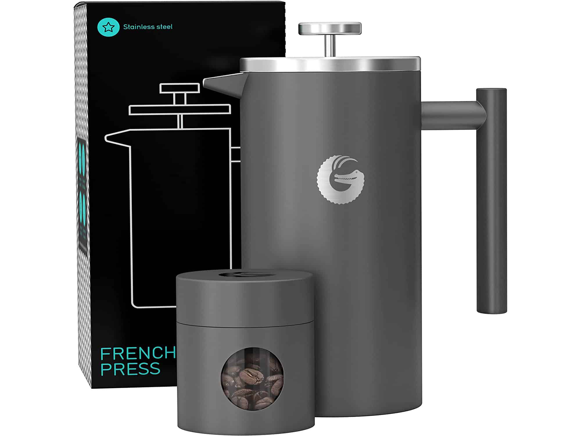 Coffee Gator French Press Coffee Maker - Insulated, Stainless Steel Manual Coffee Makers For Home, Camping w/ Travel Canister- Presses 4 Cup Serving - Large, Gray (34 fl oz)