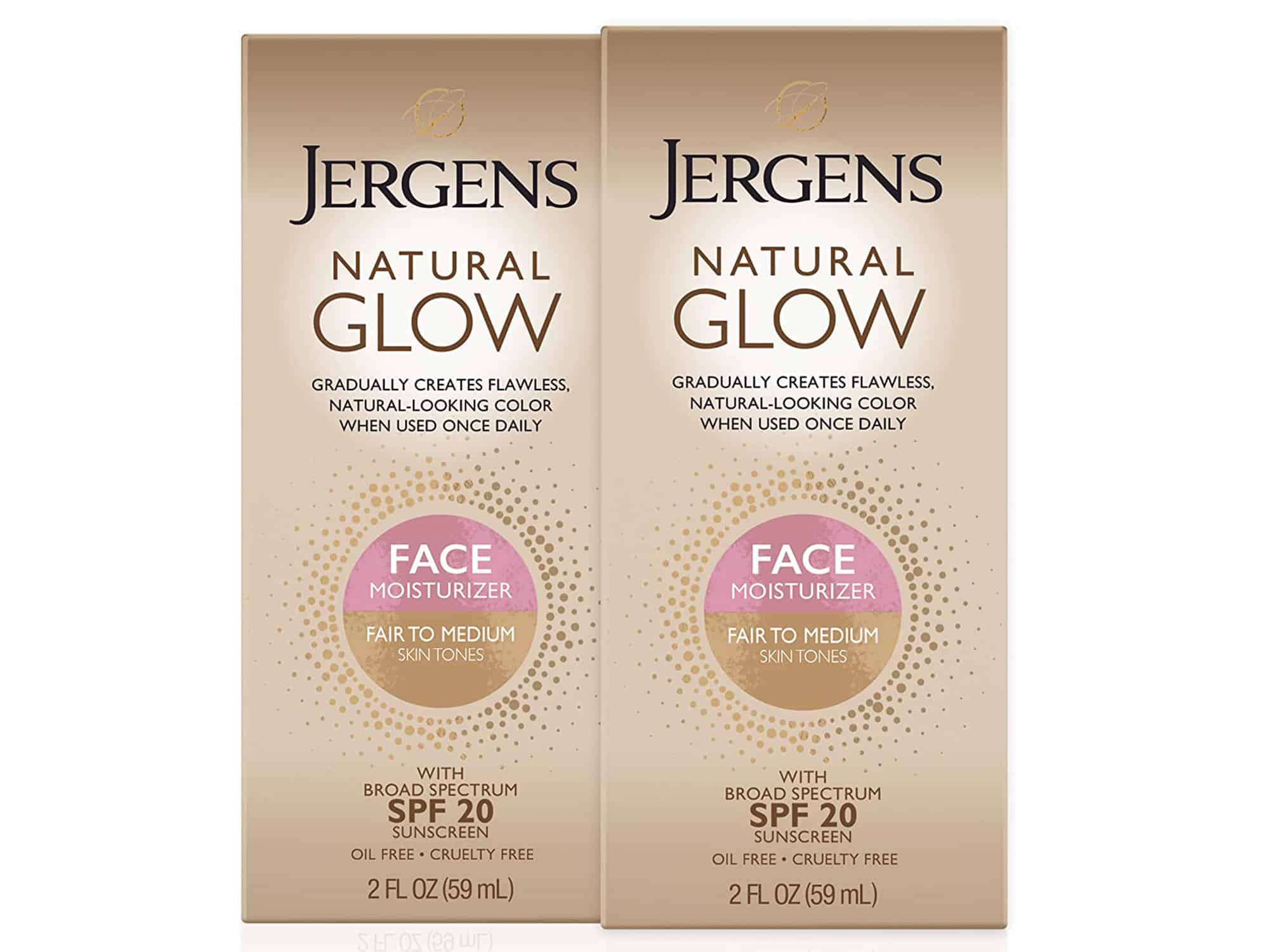 Jergens Natural Glow Self Tanner Face Moisturizer, Fair to Medium Skin Tone, SPF 20 Sunless Tanning, Daily Facial Sunscreen, Oil Free, Broad Spectrum Protection, 2 oz, Pack of 2 (Packaging May Vary)