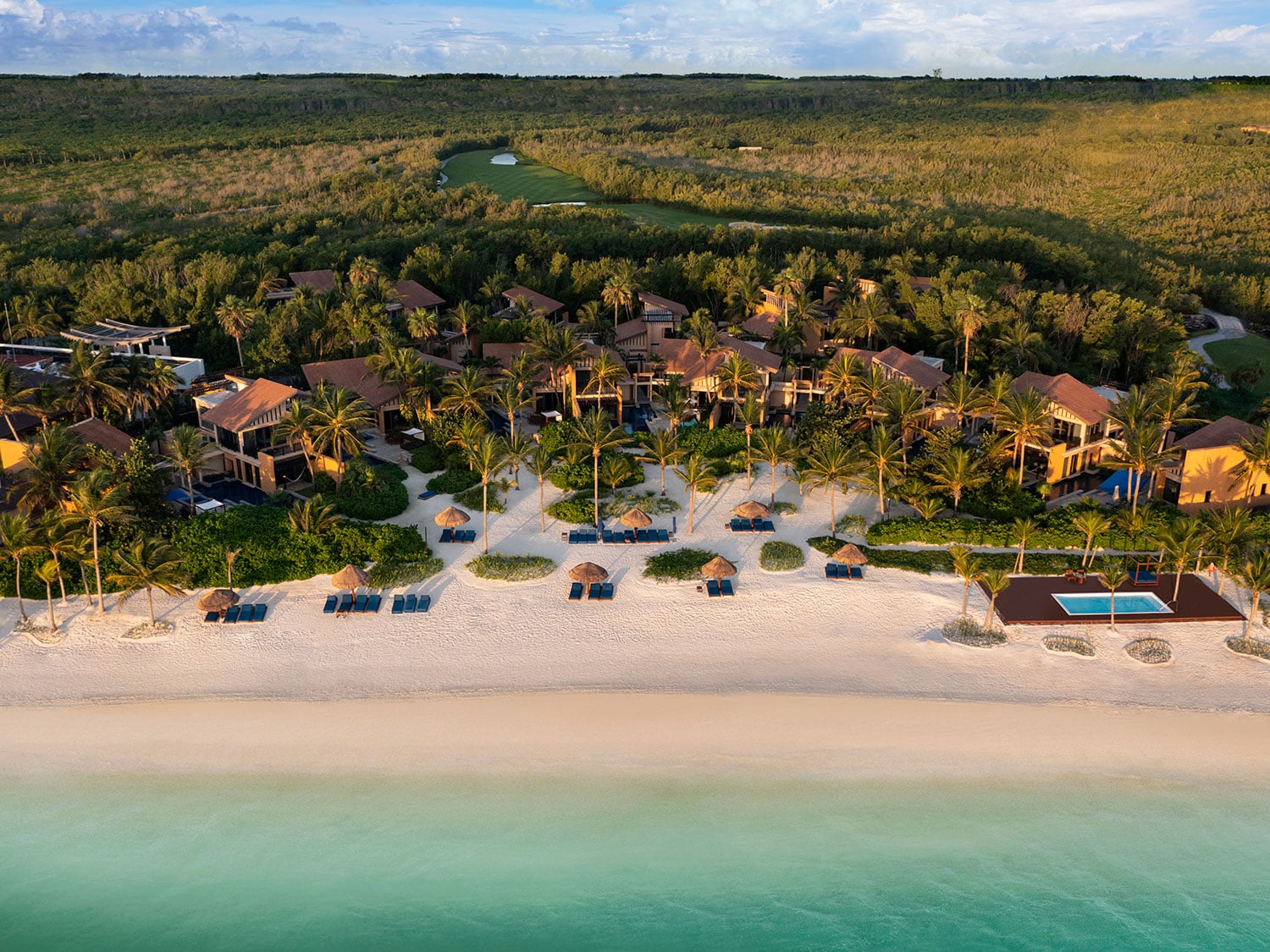 An aerial view of the beach at Banyan Tree Mayakoba resort in Mexico.