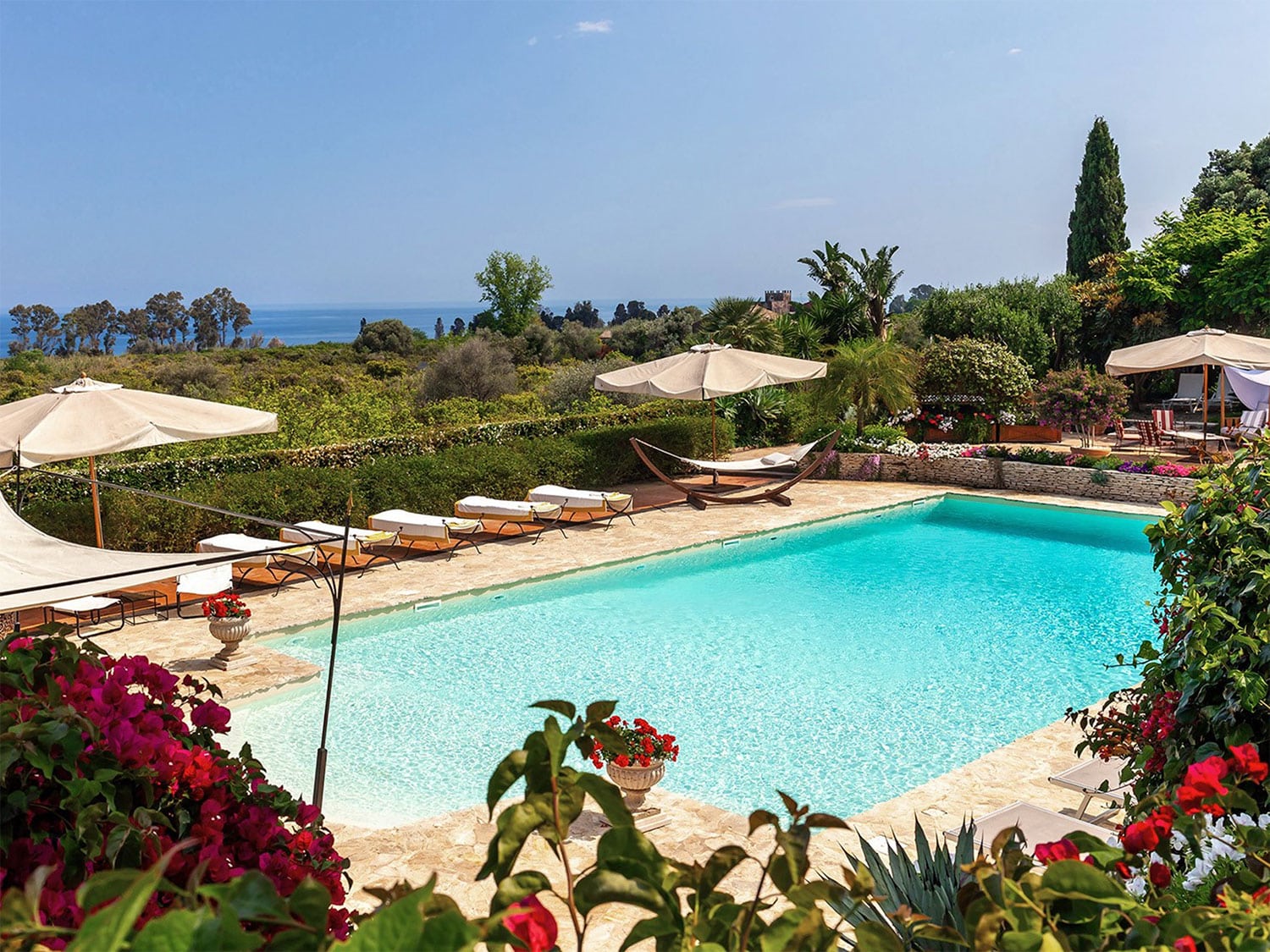 The pool at Don Arcangelo all'Olmo, a luxurious 12-bedroom villa in Taormina, Sicily, Italy.