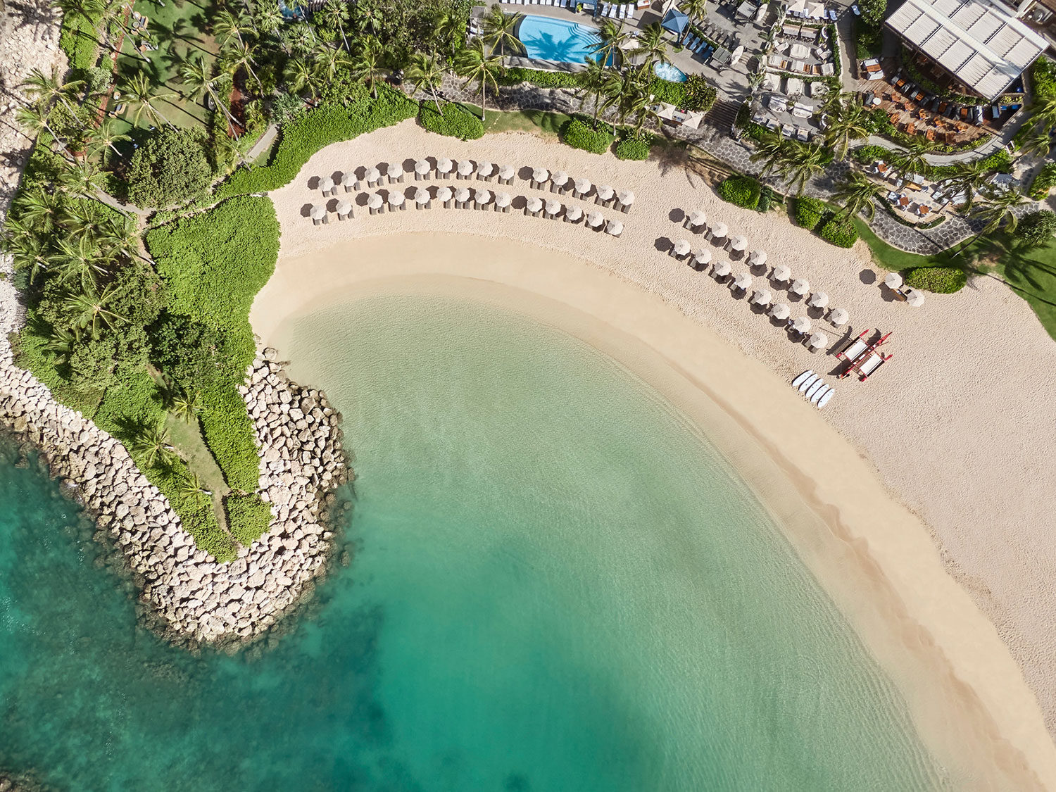 An aerial view of the beautiful beach at The Four Seasons Resort at Ko Olina. Credit: The Four Seasons Resort at Ko Olina