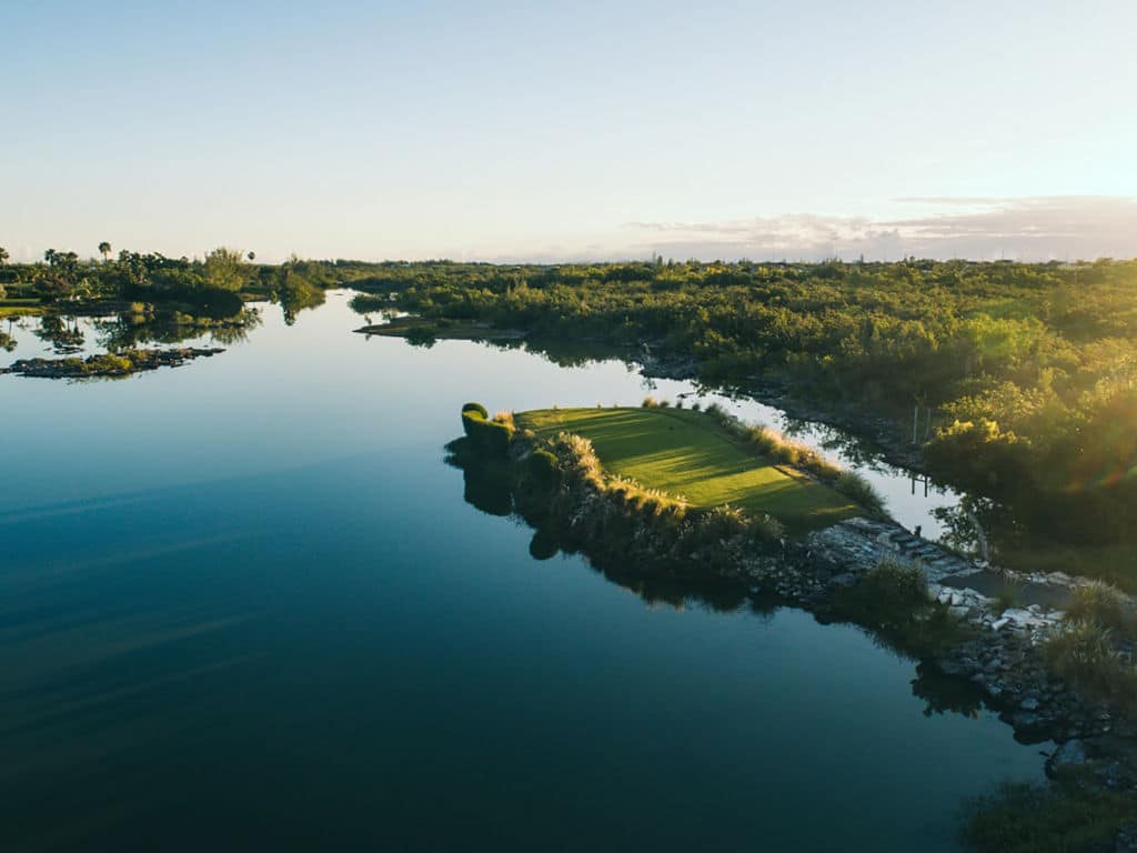 An aerial view of the tee box on Hole 16 at Royal Turks and Caicos Golf Club.