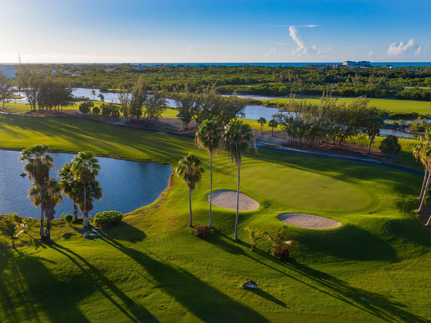 An aerial shot of the green on Hole 2 at Royal Turks and Caicos.
