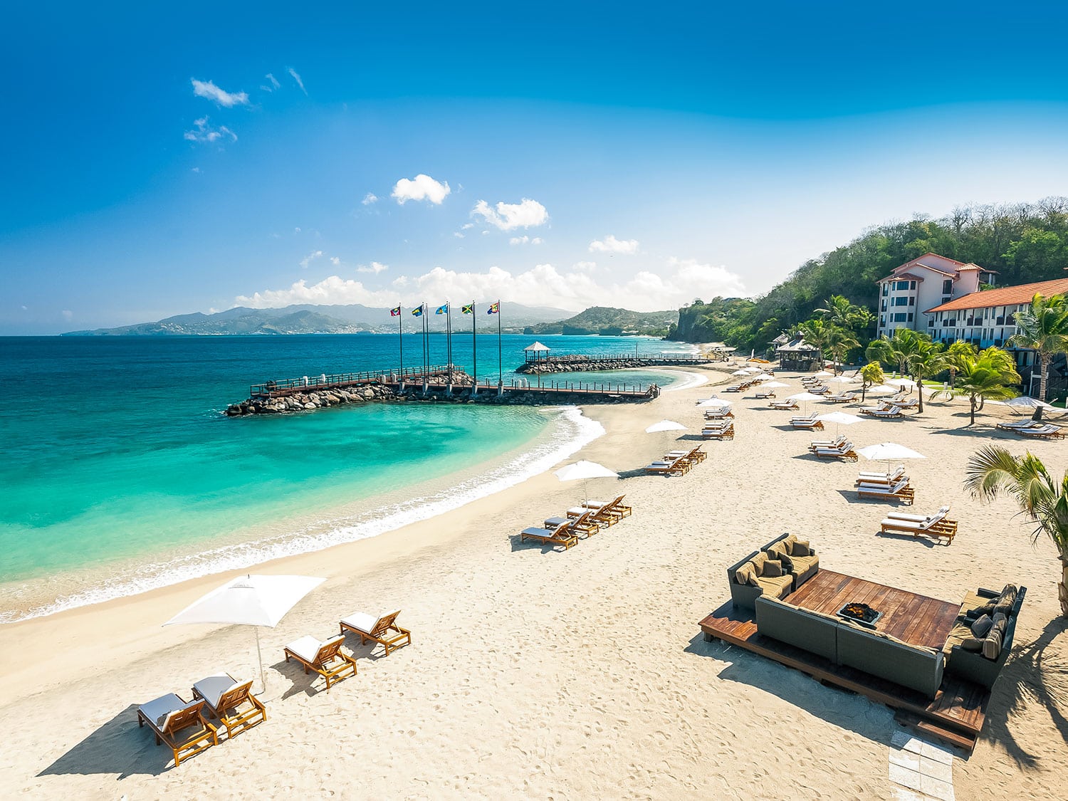 An aerial view of Long Beach at Sandals Grenada in the Caribbean.