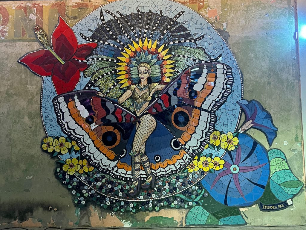 The ‘Carnival Nymph’ mosaic mural in San Nicolas, Aruba, created by the Chilean artist Isidora Paz Lopez in 2016.