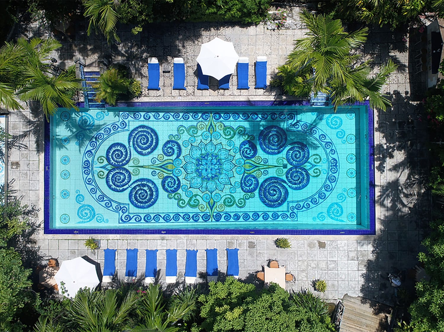 A drone’s eye view of the pool at Graycliff Hotel and Restaurant in Nassau, Bahamas.