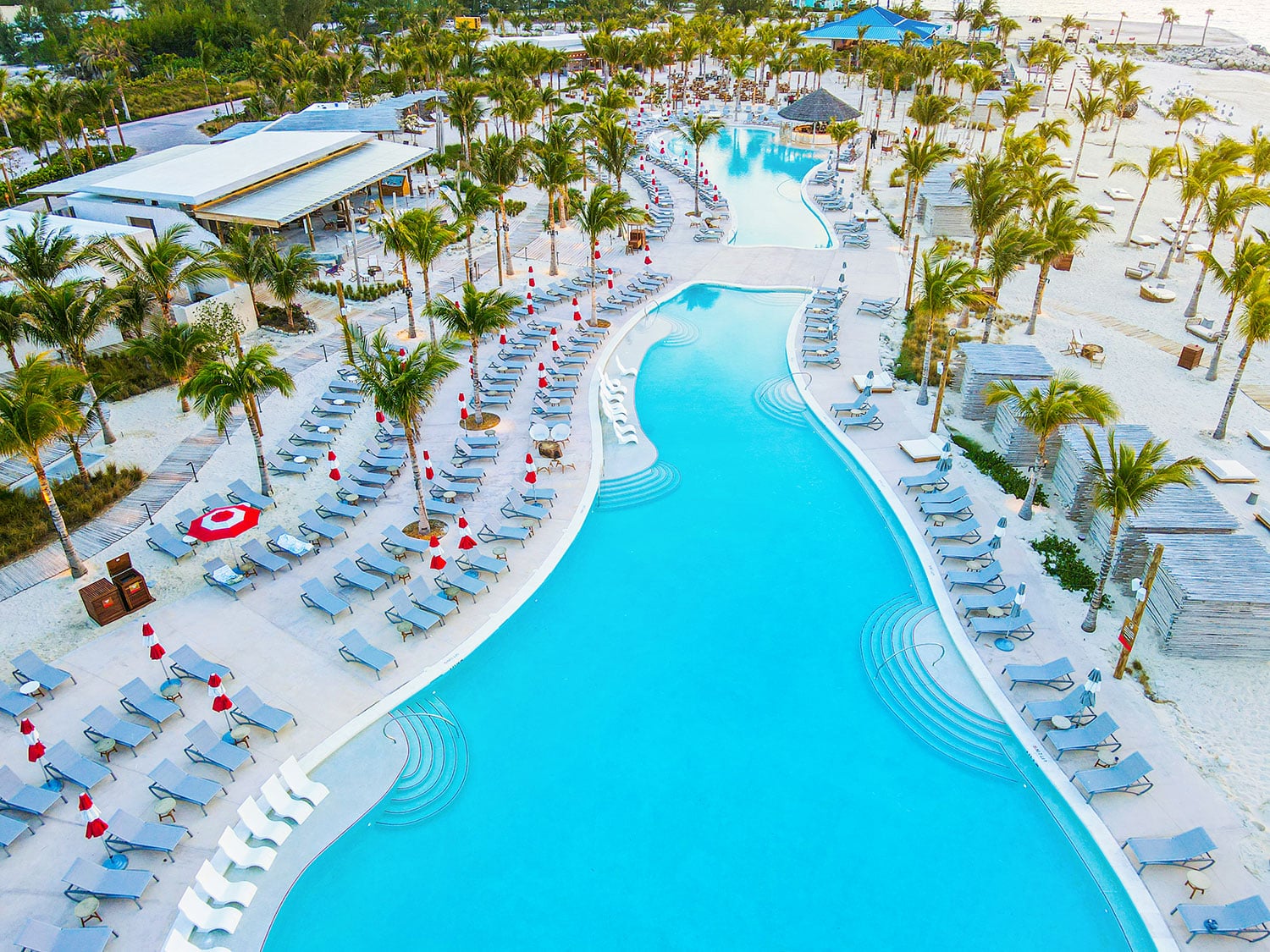 An aerial view of the Virgin Voyages Beach Club at Bimini in the Bahamas.