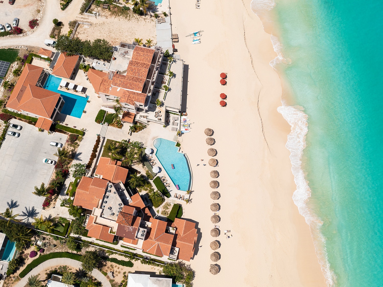 An aerial view of the property at Frangipani Beach Resort, located on Meads Bay in Anguilla.