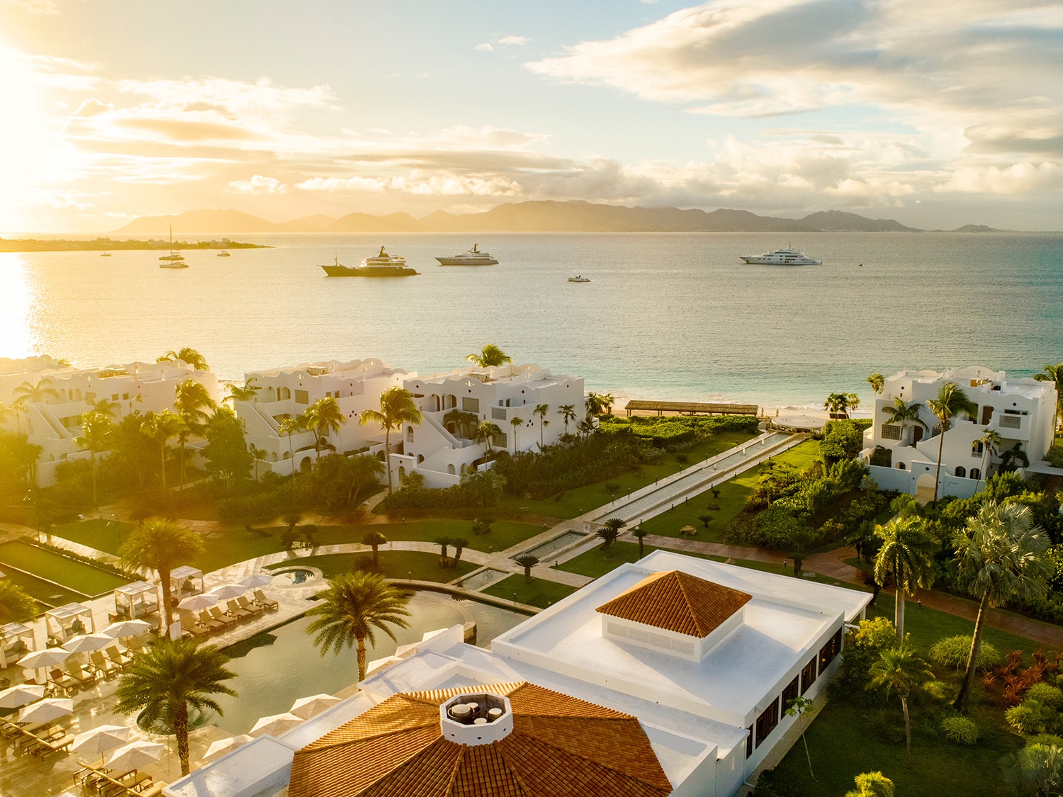 An aerial view of the property at Aurora Anguilla Golf Resort and Spa, set against Rendezvous Bay.