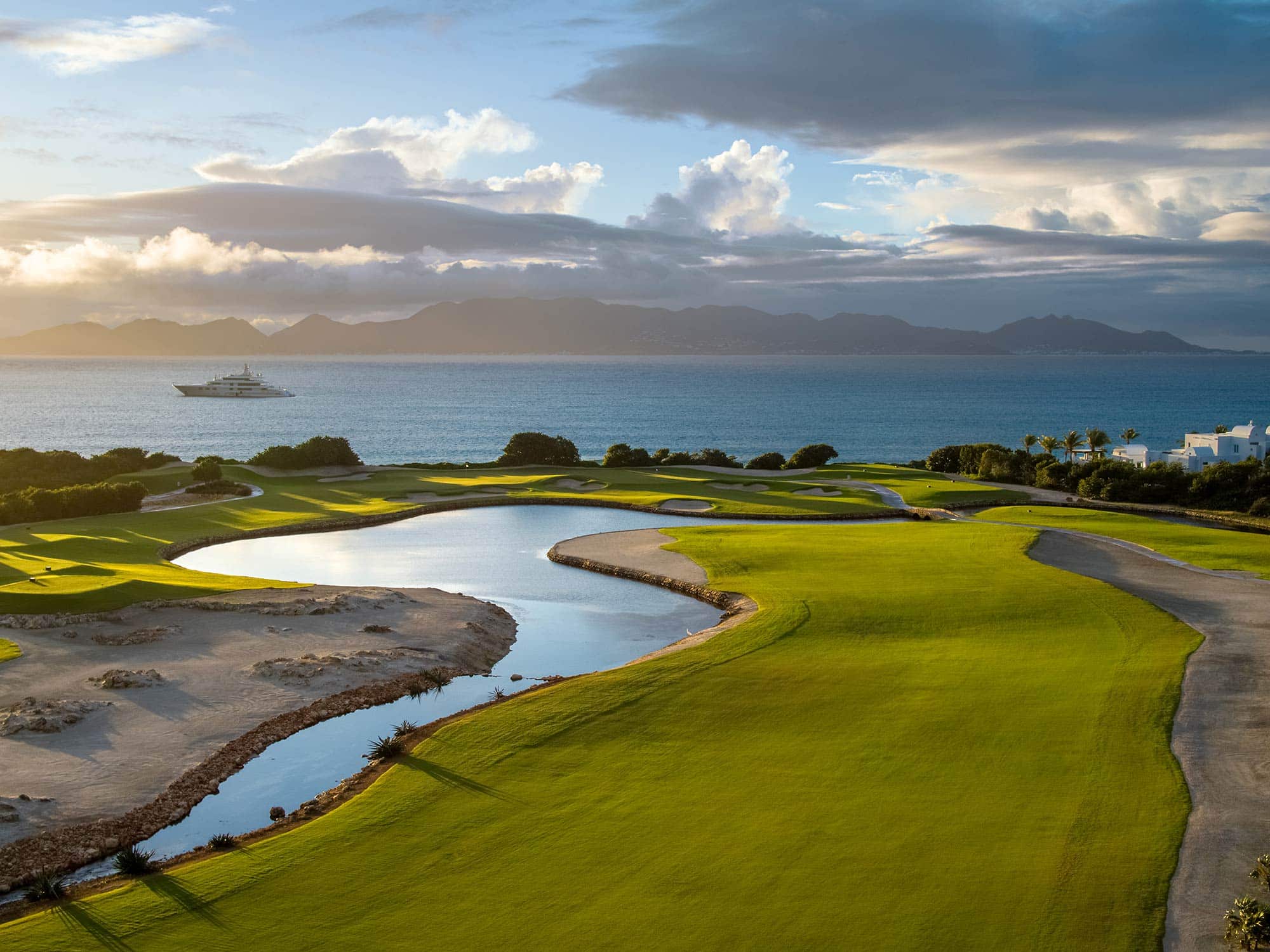 A drone's eye view of Hole 10 on the International Course at Aurora Anguilla Golf Resort and Spa.