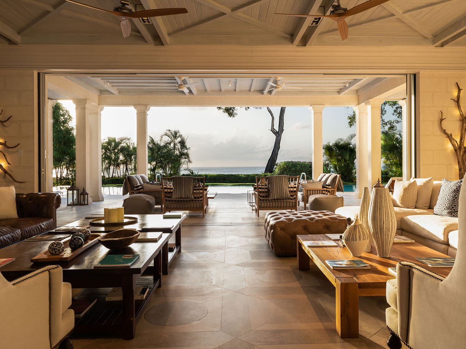 The indoor/outdoor living space at the Villa Tamarindo rental property in the Caribbean island of Barbados.