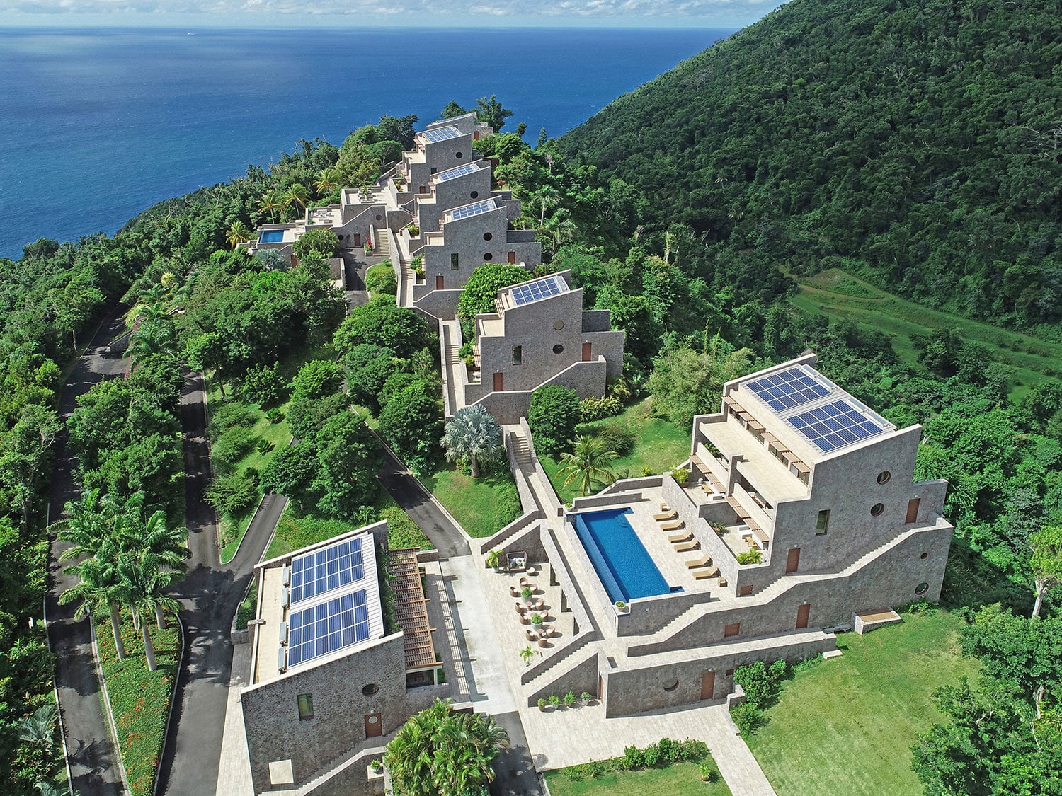 An aerial view of the villas at Coulibri Ridge resort on the Caribbean island of Dominica.