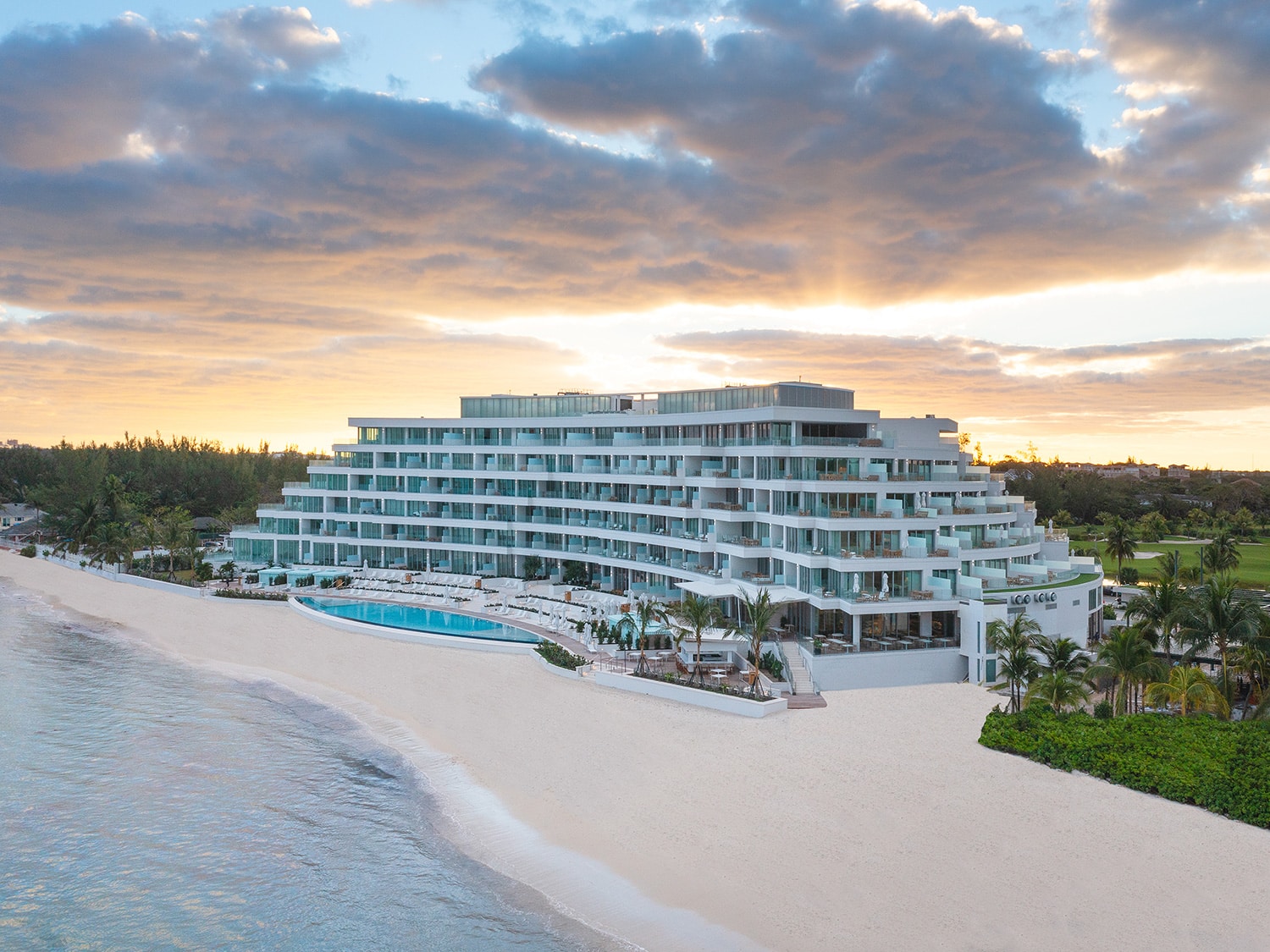 The exterior view of the new Goldwynn Resort and Residences on Cable Beach in Nassau, Bahamas.