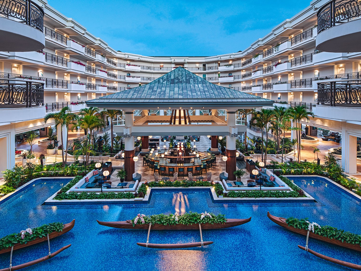 An aerial view of the massive open-air foyer at Grand Wailea Maui, A Waldorf Astoria Resort.