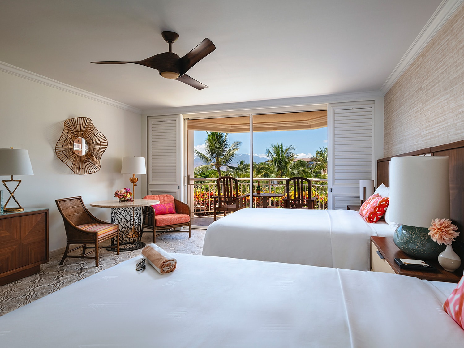 A newly remodeled twin room in the Napua Tower at Grand Wailea Maui, A Waldorf Astoria Resort.