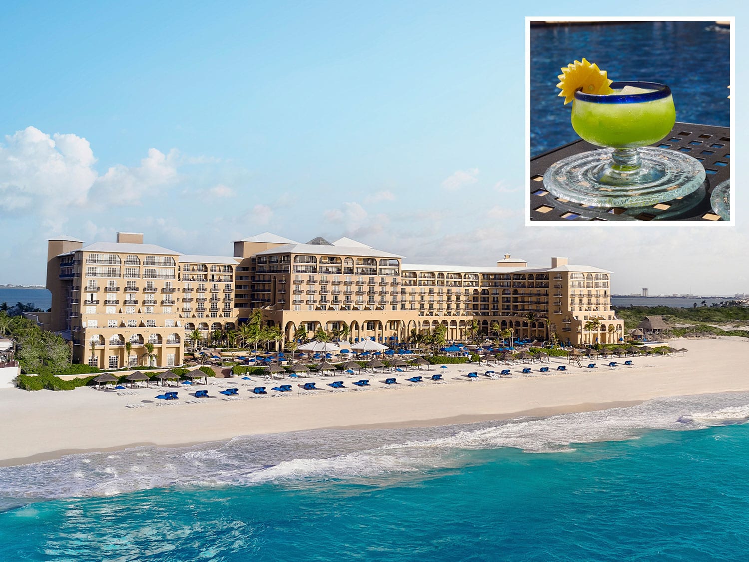 An exterior view of Kempinski Hotel Cancún with the resort bar's signature margarita inset.