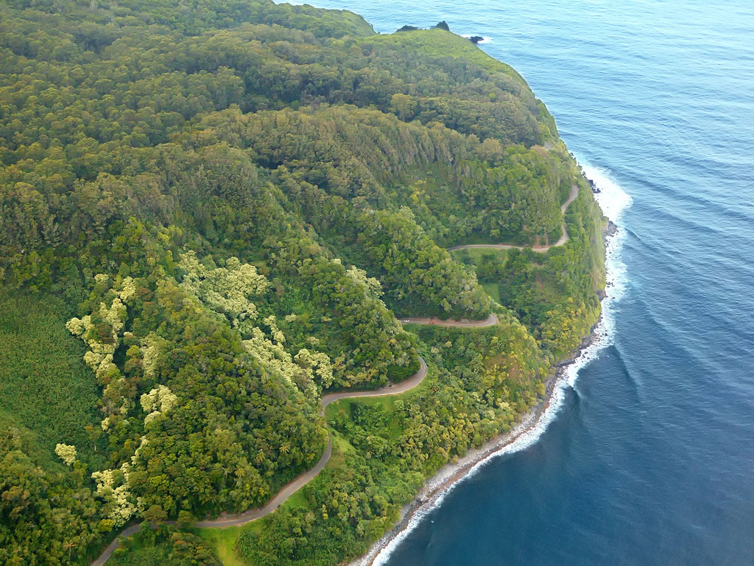 An aerial view of a scenic highway on Maui, Hawaii.
