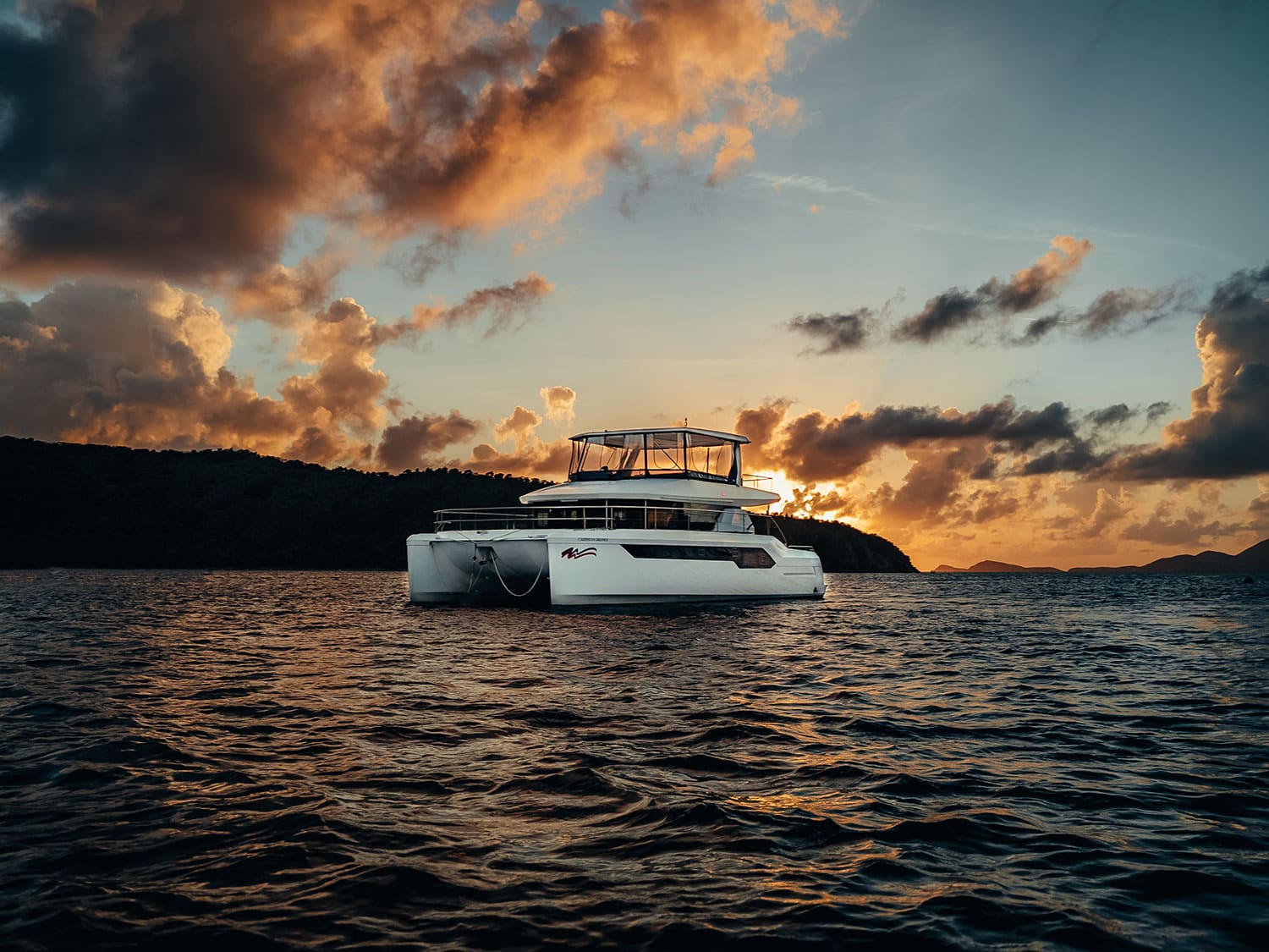 An evening view of a ship in the Moorings fleet, located in the British Virgin Islands.