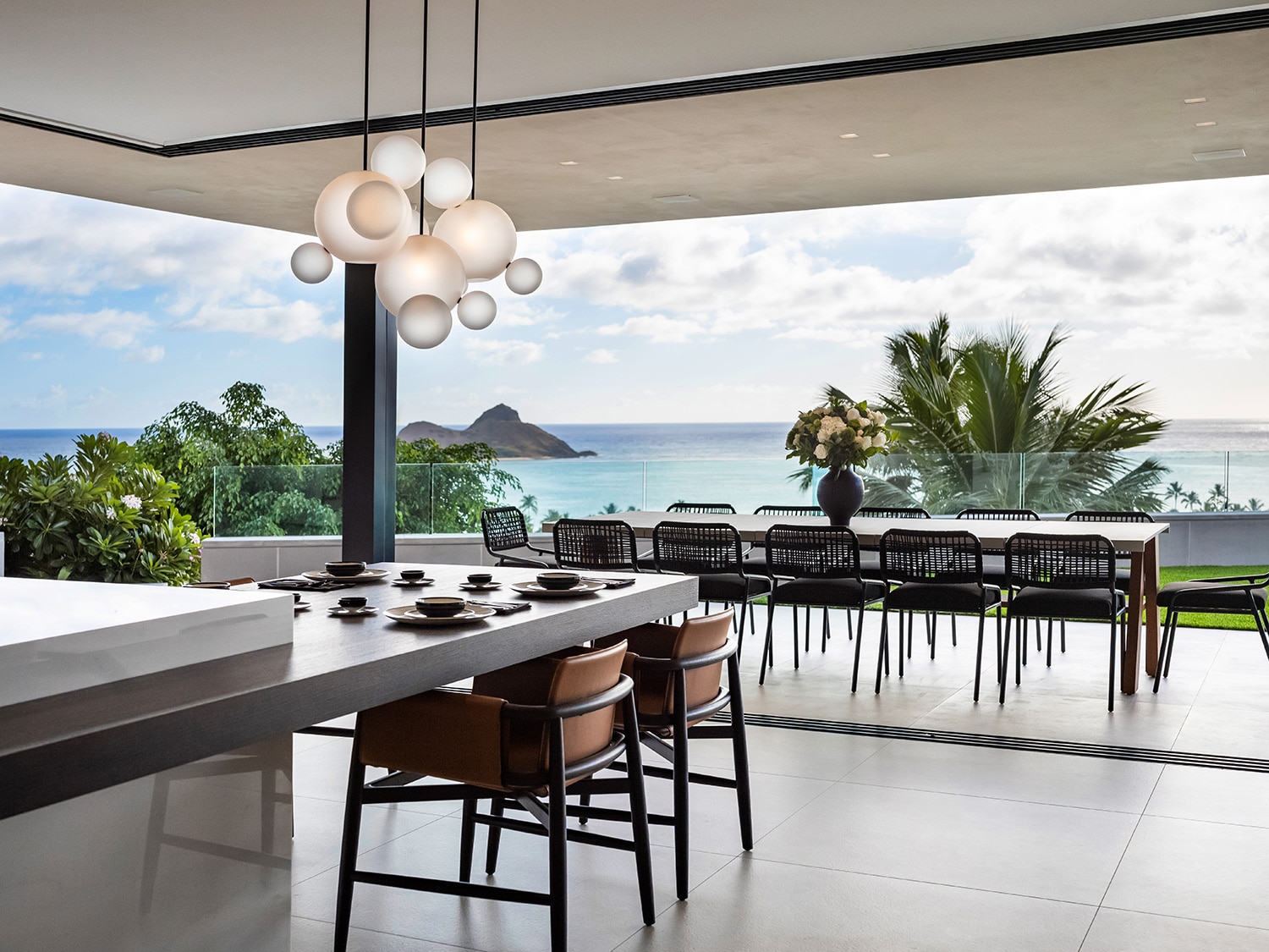 An exterior view of the patio area of the estate located at 380 Lama Place on the island of Oahu, Hawaii.