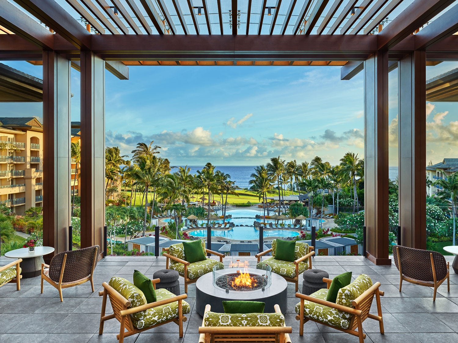 The lobby and entry lanai at The Ritz-Carlton Maui, Kapalua, in Hawaii.