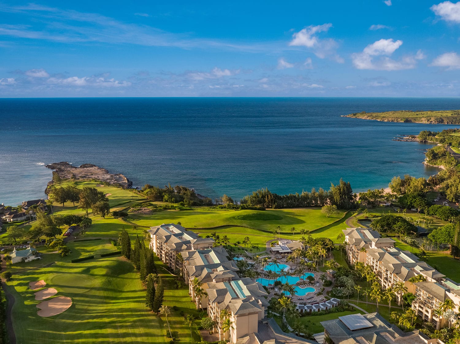 An aerial view of the property and Bay Course at the Ritz-Carlton Maui, Kapalua, in Hawaii.