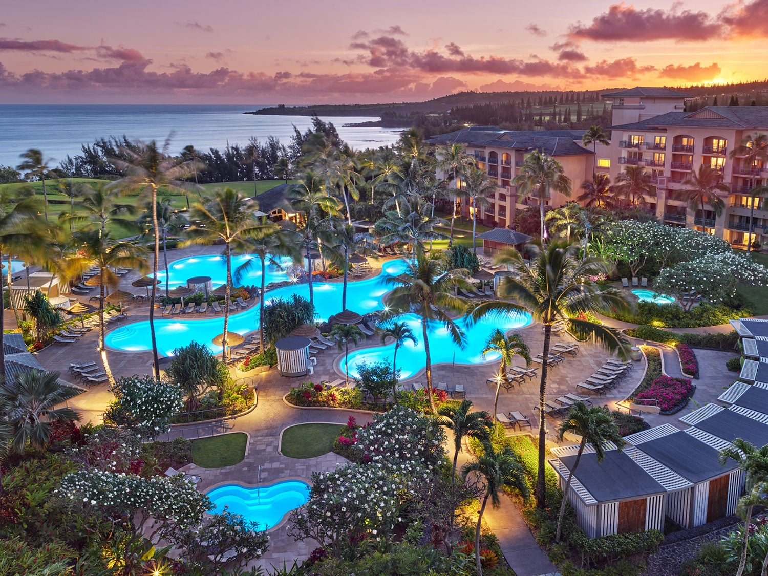 An aerial evening view of the main pool at The Ritz-Carlton Maui, Kapalua, in Hawaii.