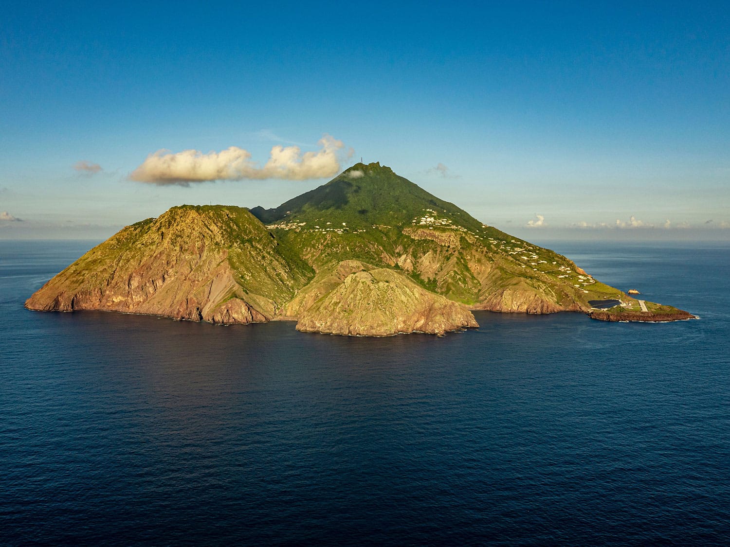An aerial view of the small Dutch Caribbean island of Saba, aka the Unspoiled Queen.