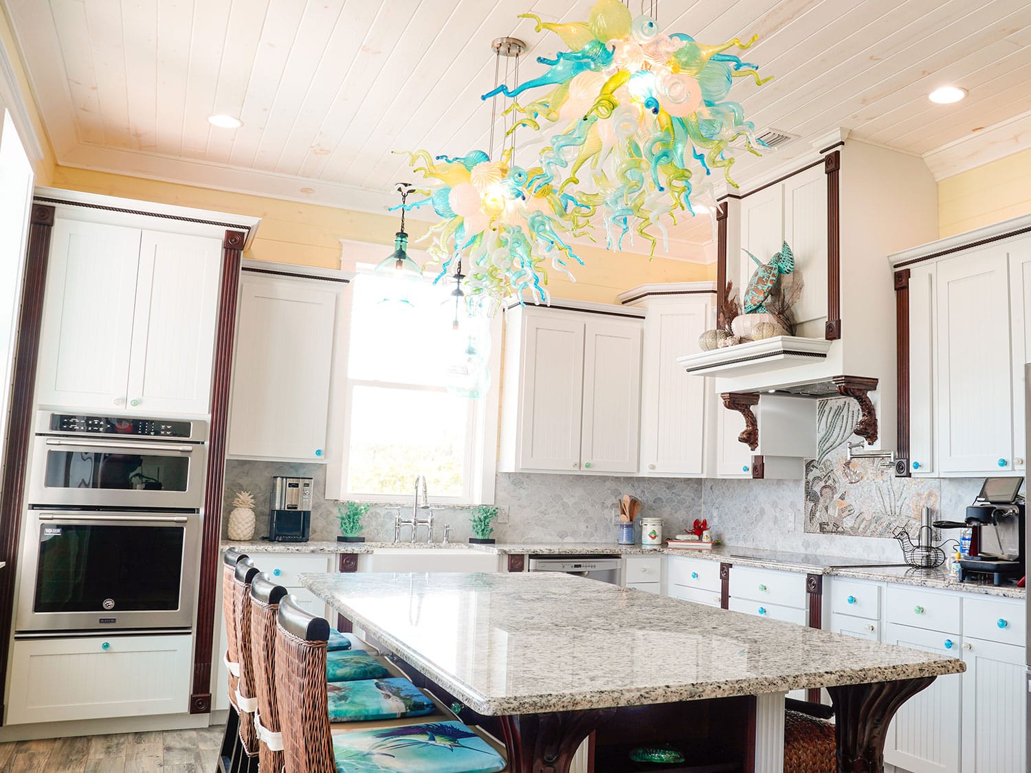 The kitchen of the Shellona Abaco Beach House rental, located in the Bahama Palm Shores neighborhood in the Bahamas.