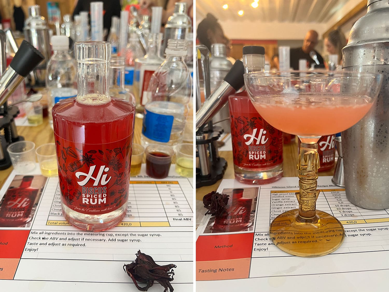 A newly blended bottle of Hibiscus Spiced Rum before being sealed, and a cocktail made with the St. Kitts spirit.