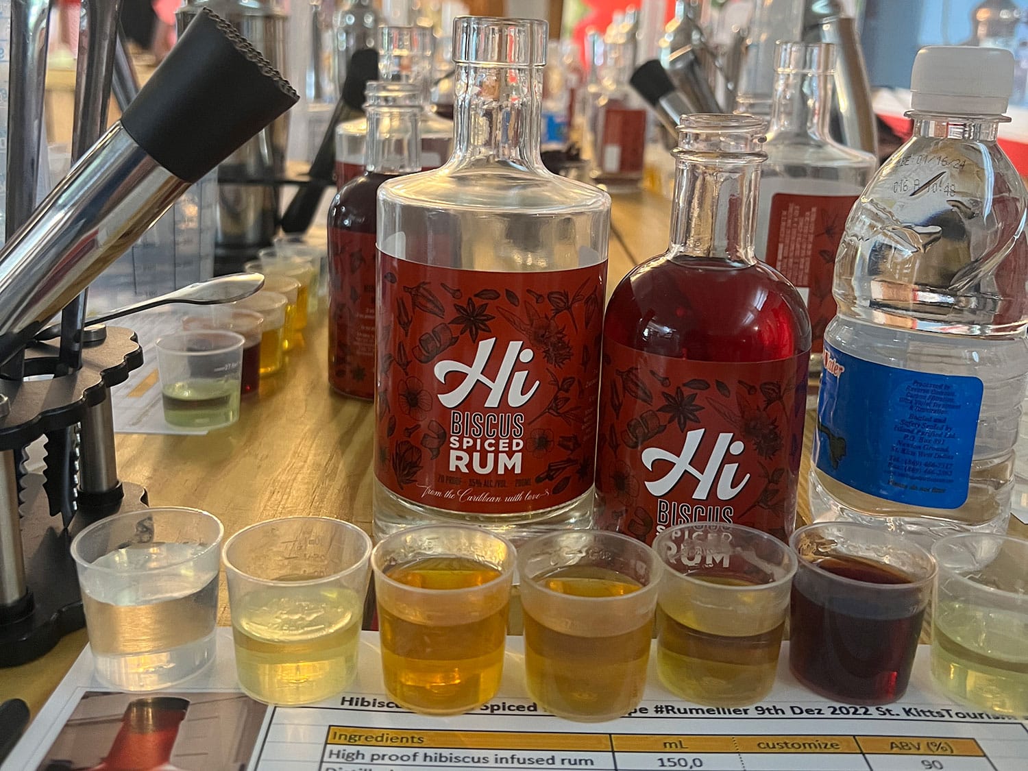 A bottle blending setup at the Hibiscus Spirits distillery on the island of St. Kitts.