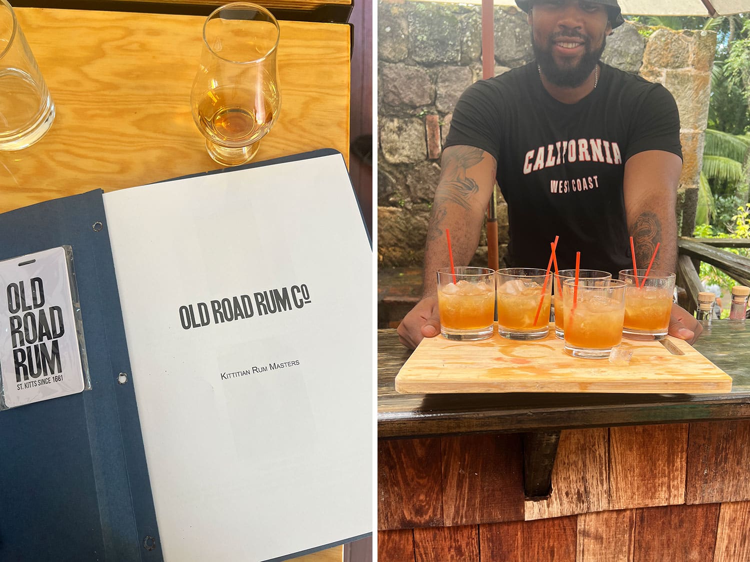 The tasting notes folder and welcome cocktails from the Kittian RumMaster course offered at the Old Road Rum distillery on St. Kitts.