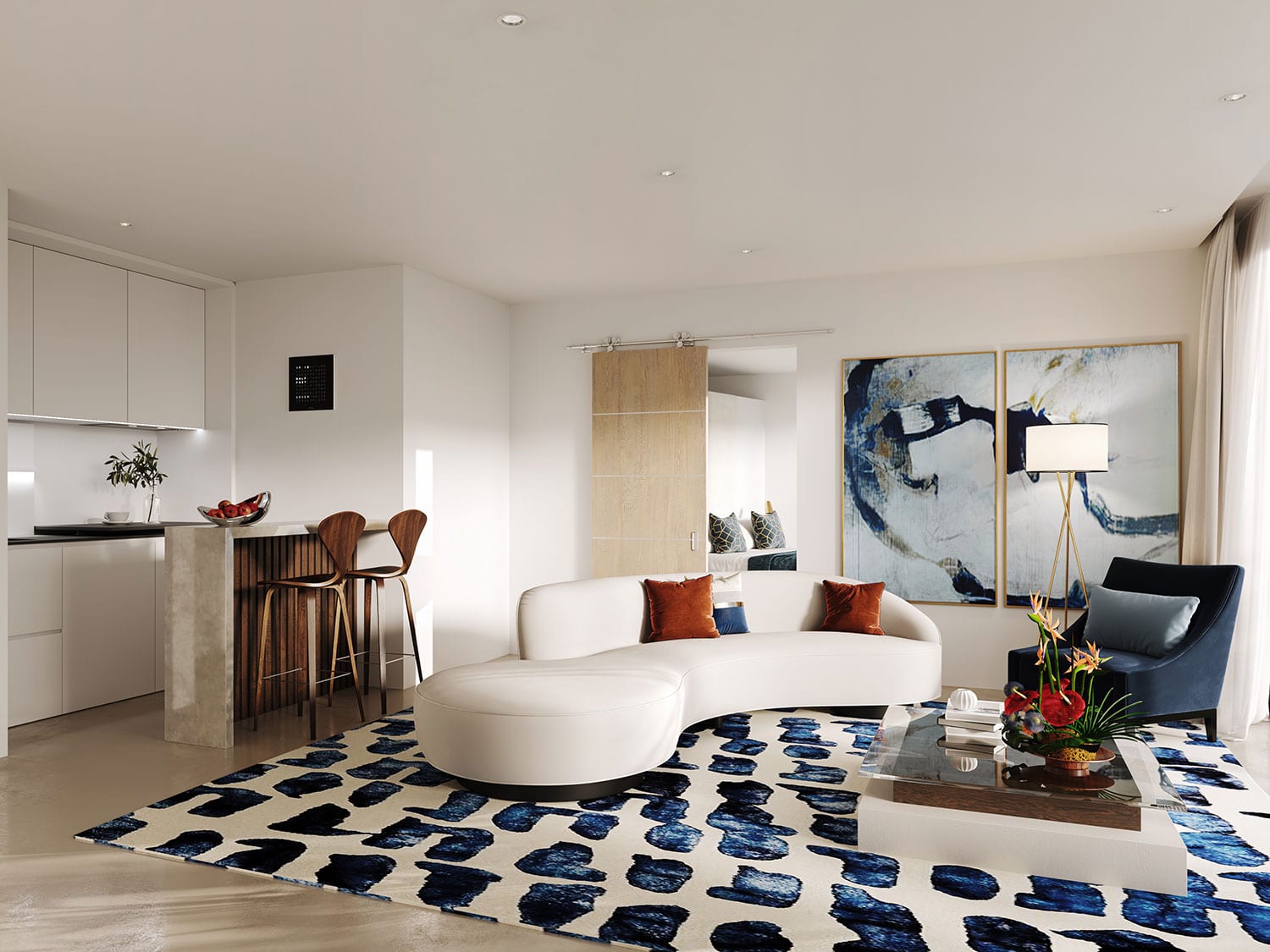 The interior living space of a residence at the boutique Cas en Bas hotel on the Caribbean island of St. Lucia.