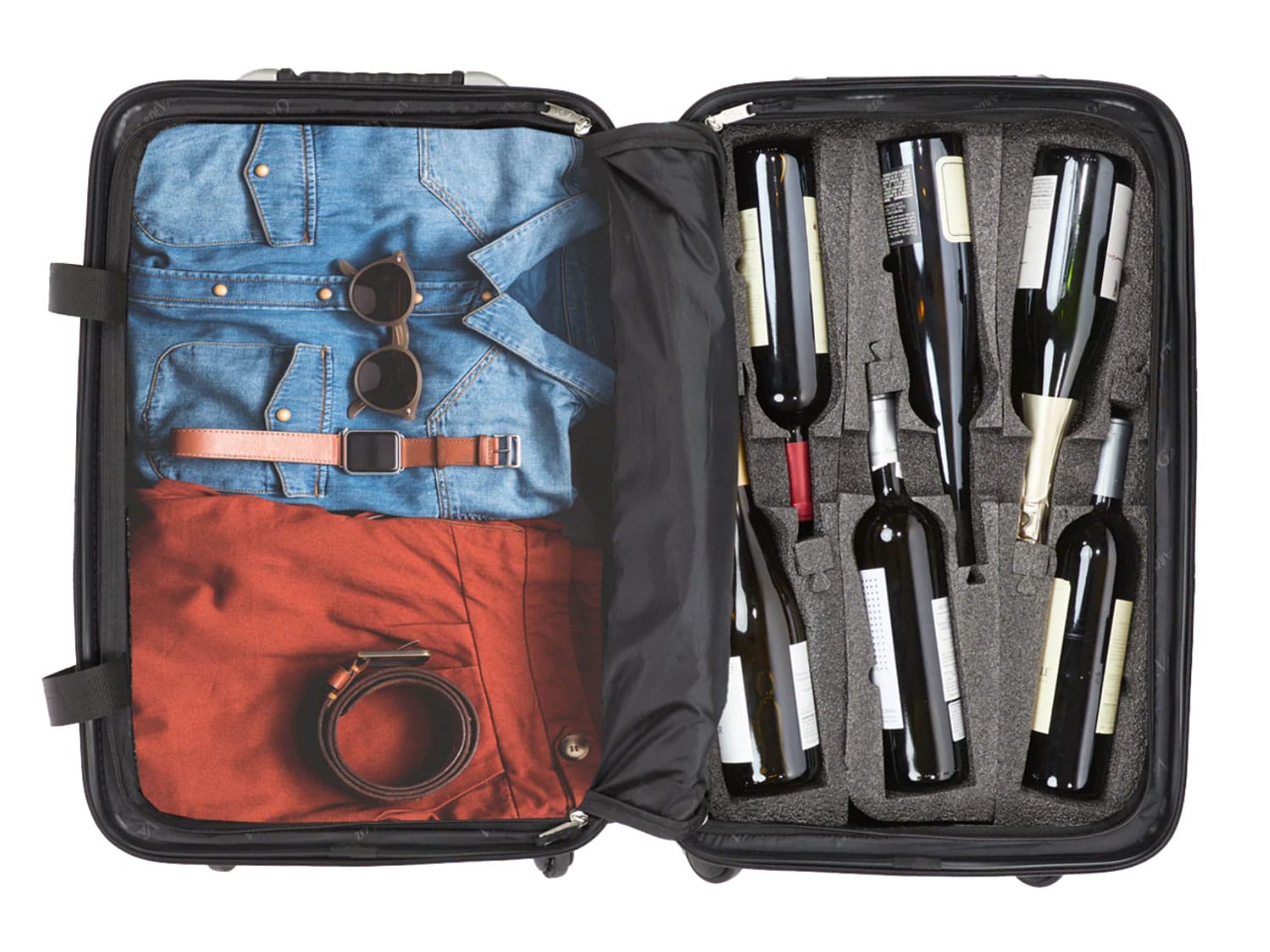The interior of a FlyWithWine Piccolo 5-Bottle Carryon rolling suitcase.
