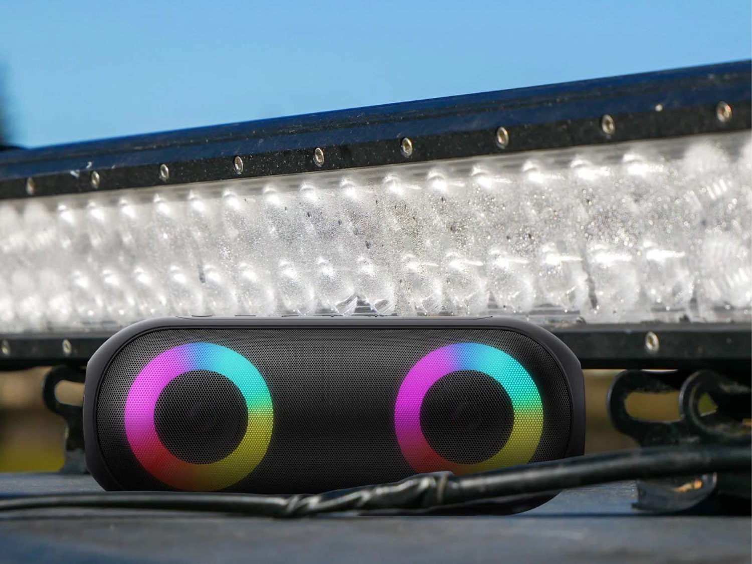 A Sway Fire Flame Hydro Go portable Bluetooth speaker.
