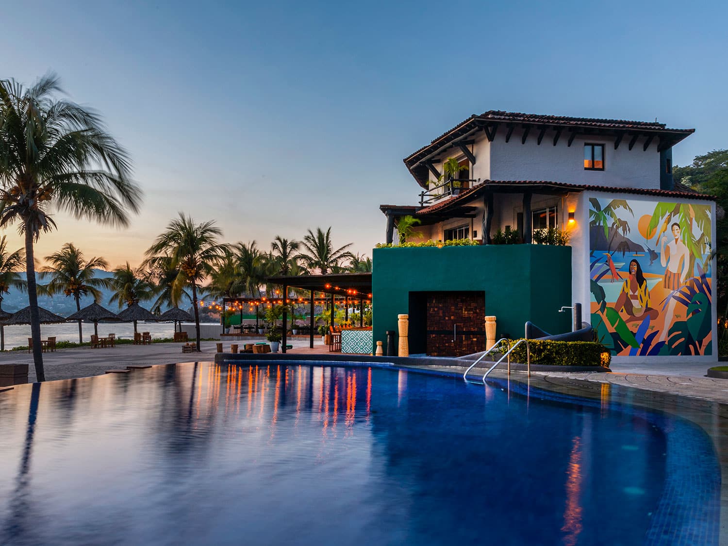 The pool area at the Thompson Zihuatanejo boutique hotel located on Mexico’s Pacific coast.