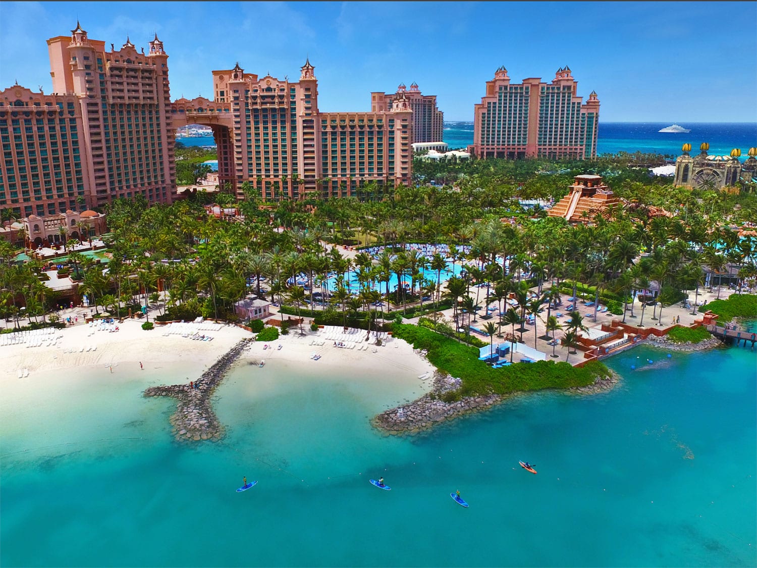 An exterior aerial view of the Atlantis Paradise Island resort in the Bahamas.