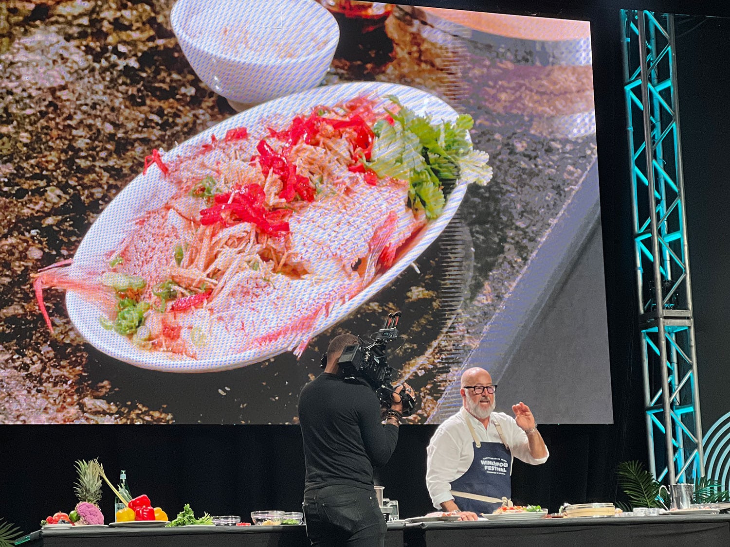 Chef Andrew Zimmern led a cooking demo focused on sustainability at the inaugural Nassau Paradise Island Wine and Food Festival at Atlantis Paradise Island.