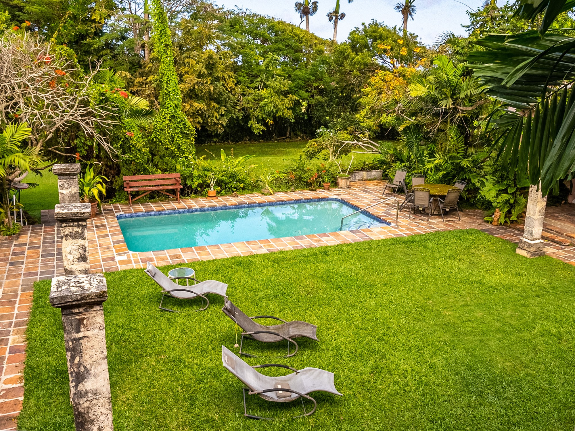 The pool and courtyard of the Clifton Hall Great House on the Caribbean island of Barbados.