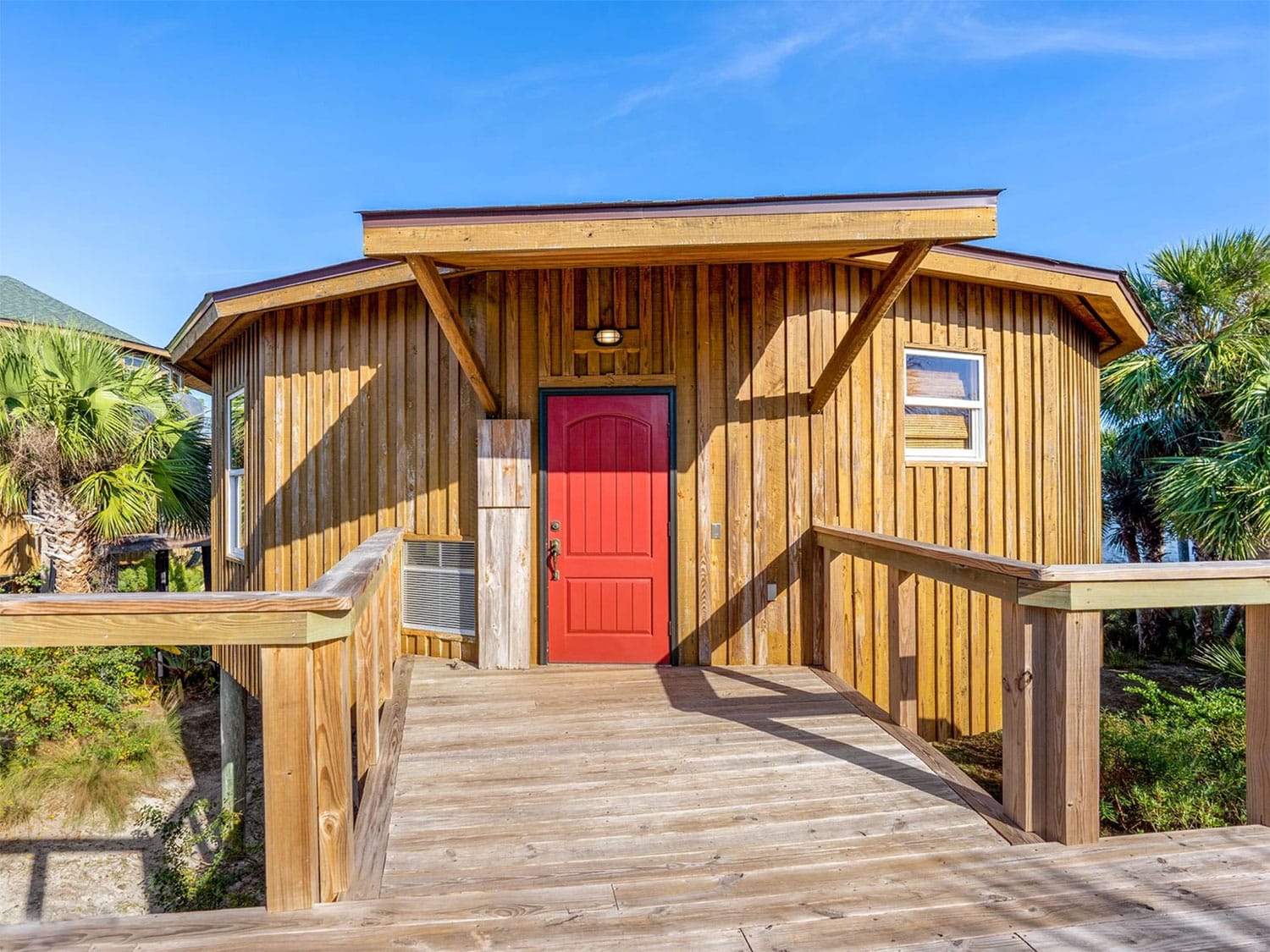 An exterior view of one of the beachside bungalows on Black's Island in Florida.