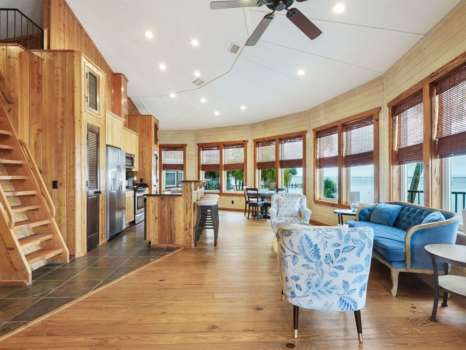 An interior view of the kitchen and dining space in a beachside bungalow on Black's Island in Florida.