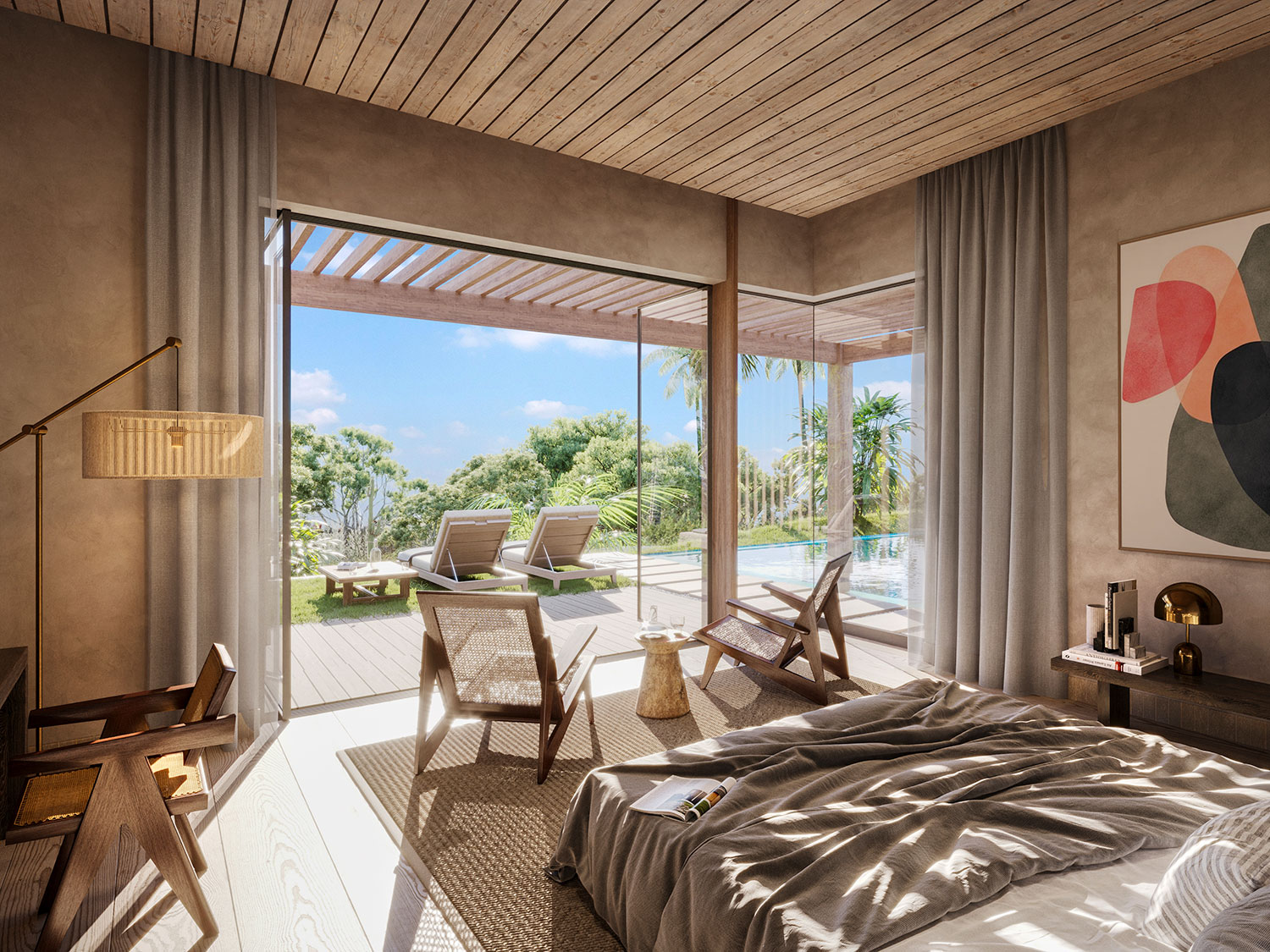 A digital rendering of a master suite in a residence at Cabot Saint Lucia in the Caribbean.