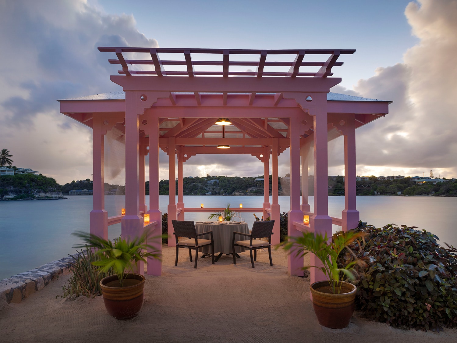 The romantic Pink Gazebo dining setting at the Hammock Cove resort on the Caribbean island of Antigua.
